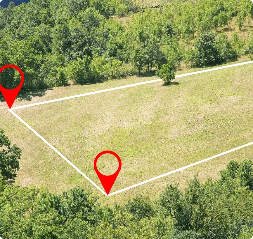 Aerial view of a grassy field outlined with white lines, marked by two prominent red location pins, surrounded by dense green trees.